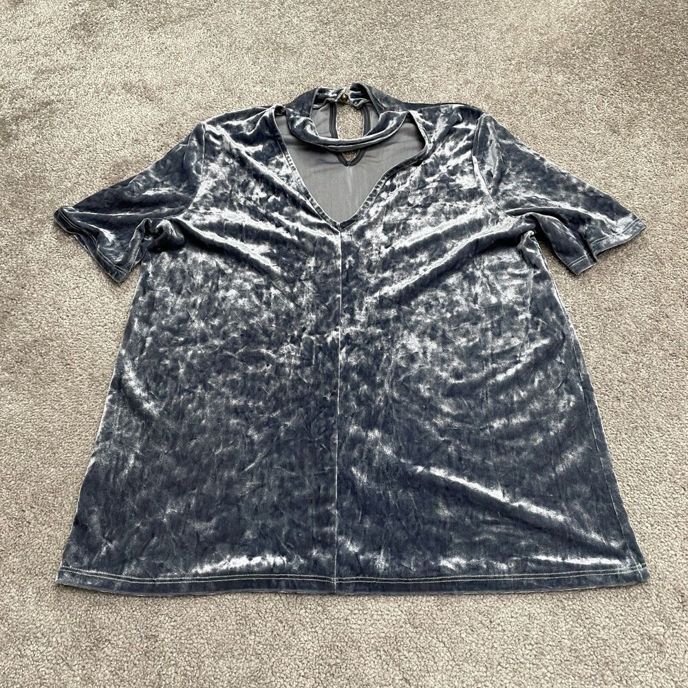 Hummingbird Shiny Velour Velvet Blouse Womens Medium Gray Choker Casual Top